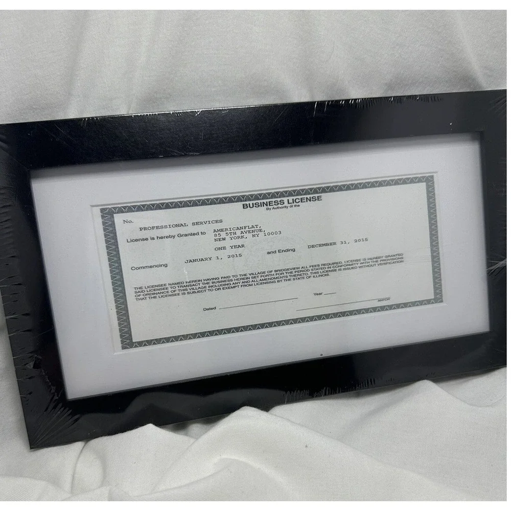 Americanflat Black Wood Business License Frame 3.5 x 8 White Mat New